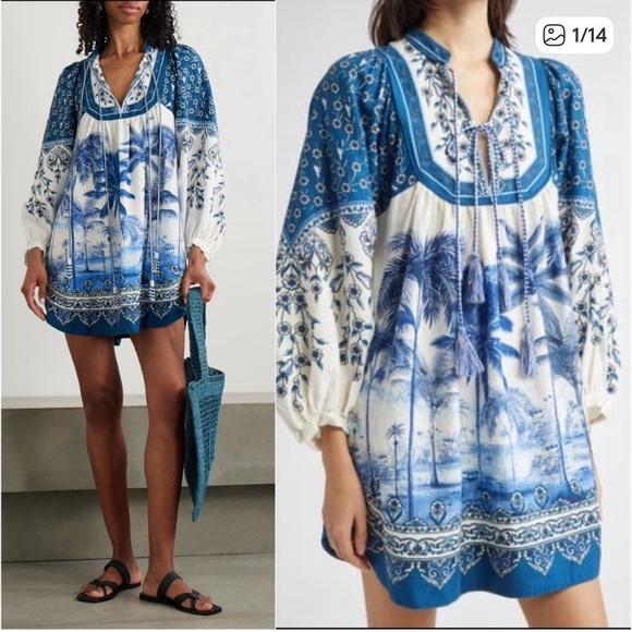 FARM Rio Dresses & Skirts - Farm Rio long sleeve mini dress in blue palm trees